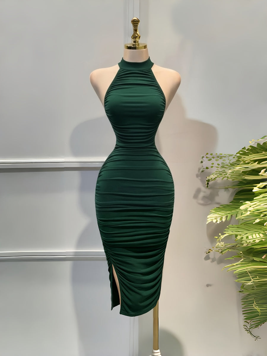 2026 Spring/Summer New Arrival, European and American Elegant Sexy Women's Backless Halter Neck Dress, Fashionable Bodycon Dress, Suitable for Parties, Gatherings, Travel, and Vacations ZLLZ - Dark Green