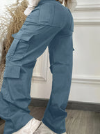 Street Style Women'S Casual Solid Color Loose Overalls, Y2K Comfortable Elastic Waist Multi-Pocket Long Pants - Fog Blue