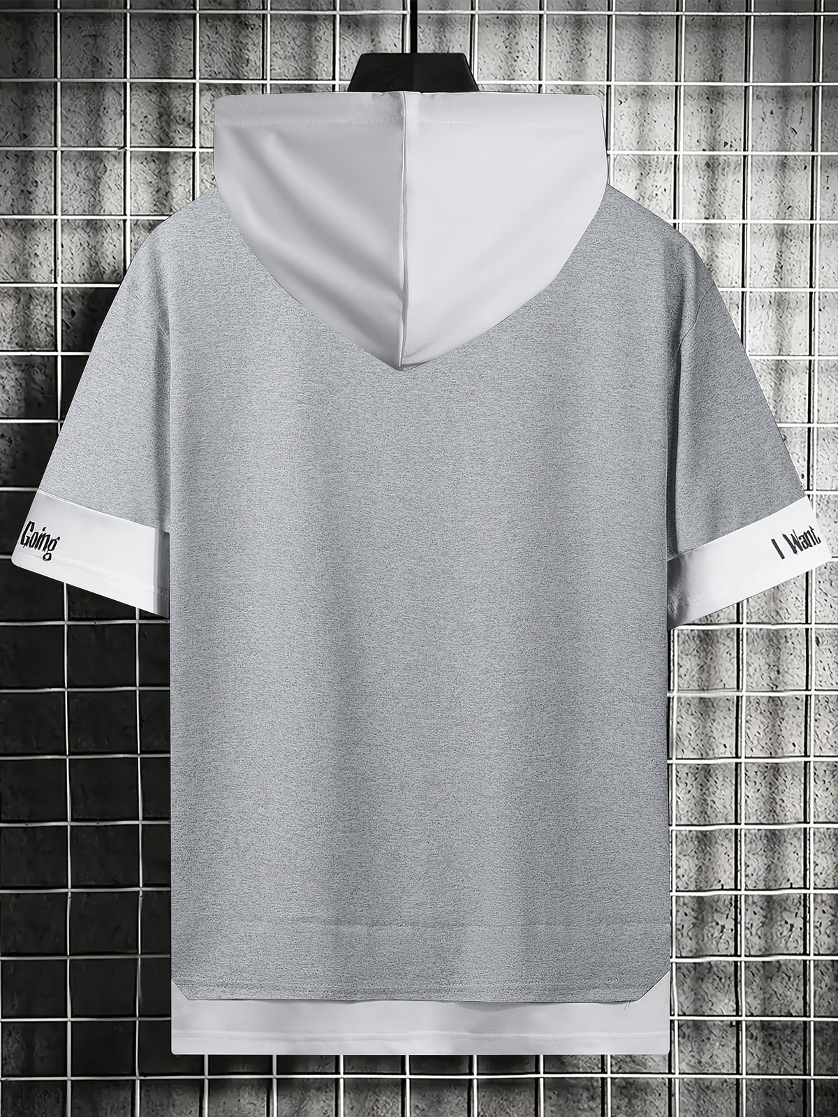 Color-Block Hooded Men'S Casual Letter Print Faux Two-Piece Short Sleeve T-Shirt - Heather Grey