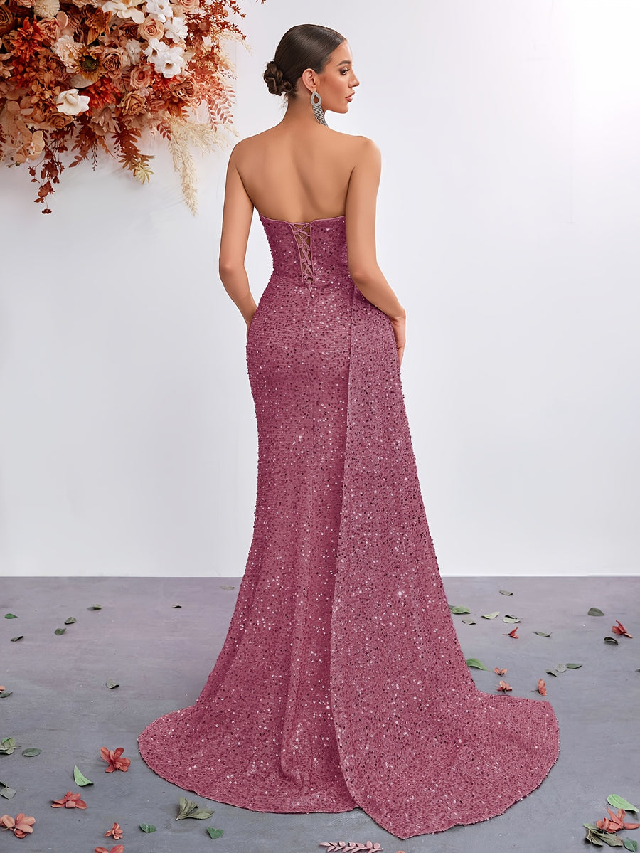 Sequined Sweetheart Neckline Mesh Panel High-Waist Long Scarf-Tie Slit Ball Gown Party Evening Dress - Bean Pink