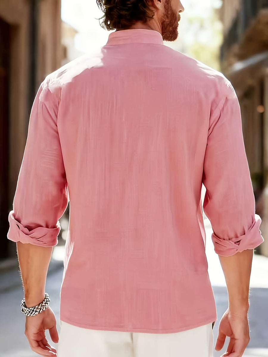 Men'S Fashion Polo Neck Linen Breathable Comfortable Casual All-Season Long Sleeve Shirt, Spring And Summer, Regular Fit, Polo Collar, Daily, Button - Pink Color