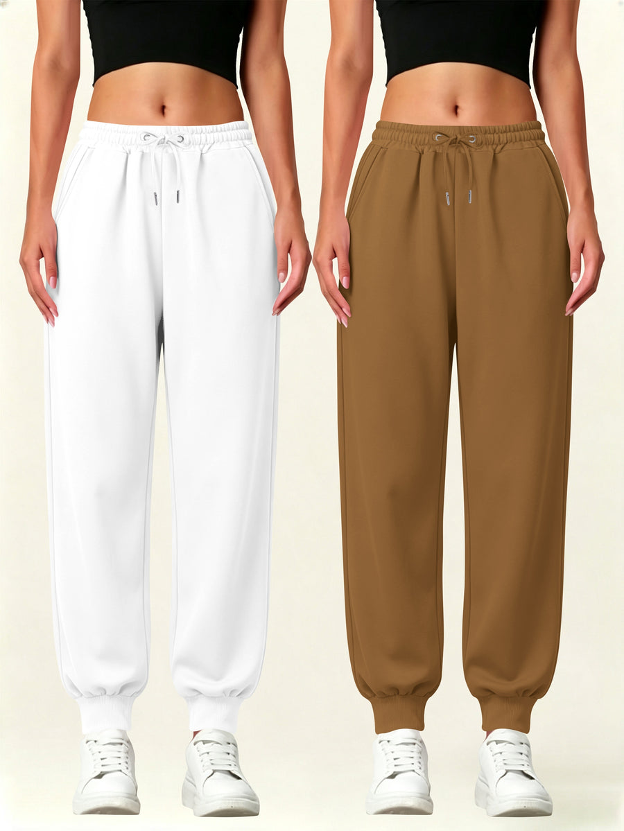 2pcs Set Autumn-Winter Women's Casual Pants with Pockets - White+Brown