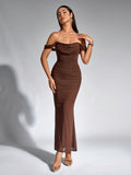 Women's Elegant Off-the-Shoulder mermaid gown - Formal party wedding long dress, Stretchy Bodycon fit, Non-Transparent Party Evening Gown for Women, Formal Attire, Highelasticity Fabric, Special Occasion Dress, High Elasticity Material, Formal Dress - Coffee Brown