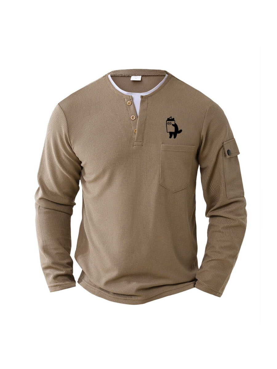 New Men's Waffle Knit Fake 2pcs Polo Shirt with Print, Sporty Fitness Leisure Comfortable Top - Khaki