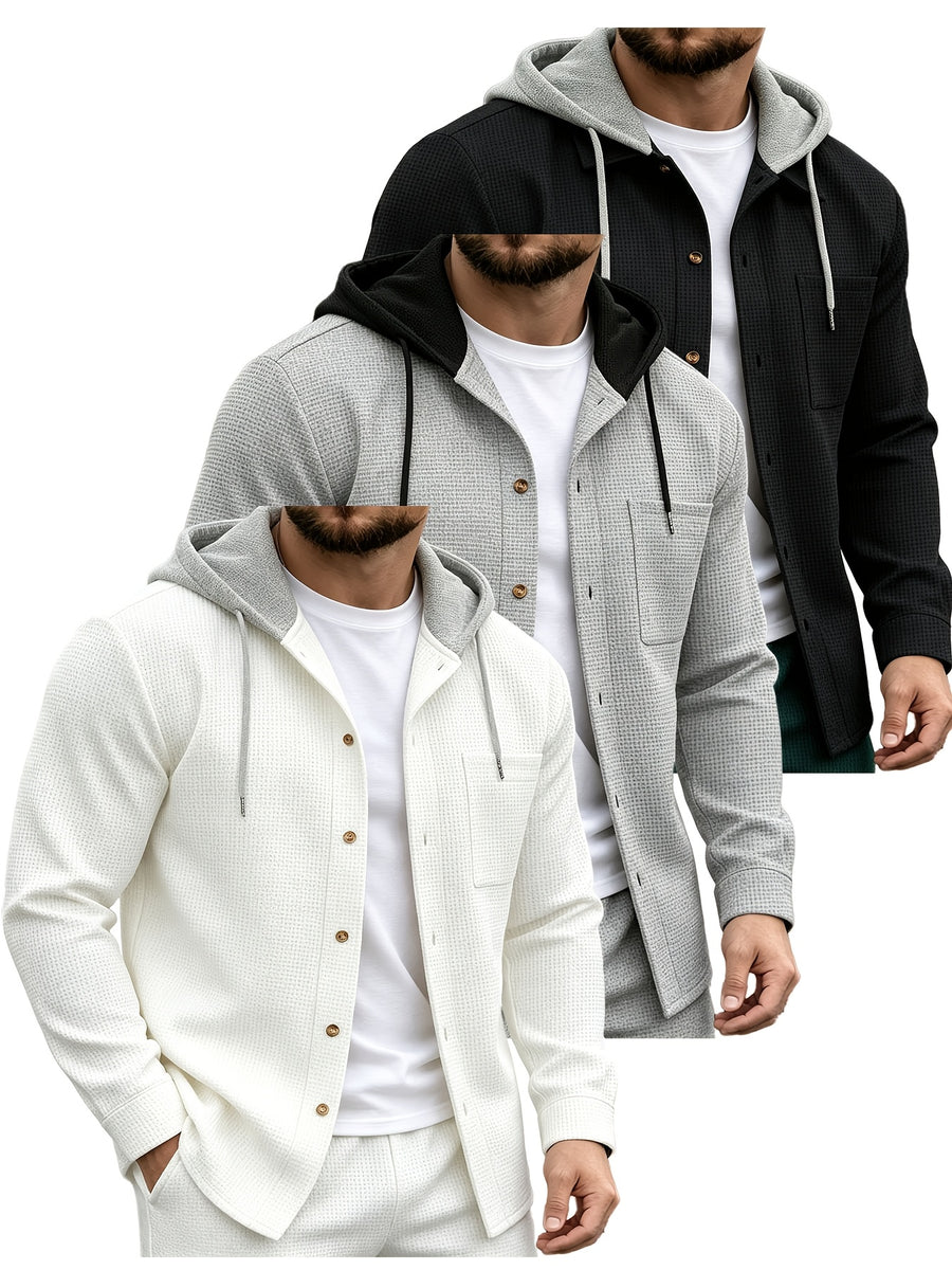 Men'S Waffle Knit Contrast Color Hooded Long Sleeve Button-Up Shirt 3pcs Set, Drawstring Hood Design, Single Chest Pocket, Loose Fit, Casual Outerwear, Spring/Autumn Holiday Street Style Jacket - Mixed Color 4