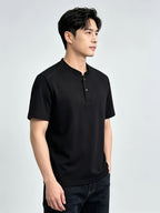 Men'S Solid Black Split Shoulder Mandarin Henley Collar Short Sleeve Top, Summer Office Daily Commute Golf City Street Outfit, Stretch Wrinkle Resistant Cooling Breathable 2-Button Tee, Middle-Aged Gentleman Business Casual Outfit, Minimalist Stand - Black