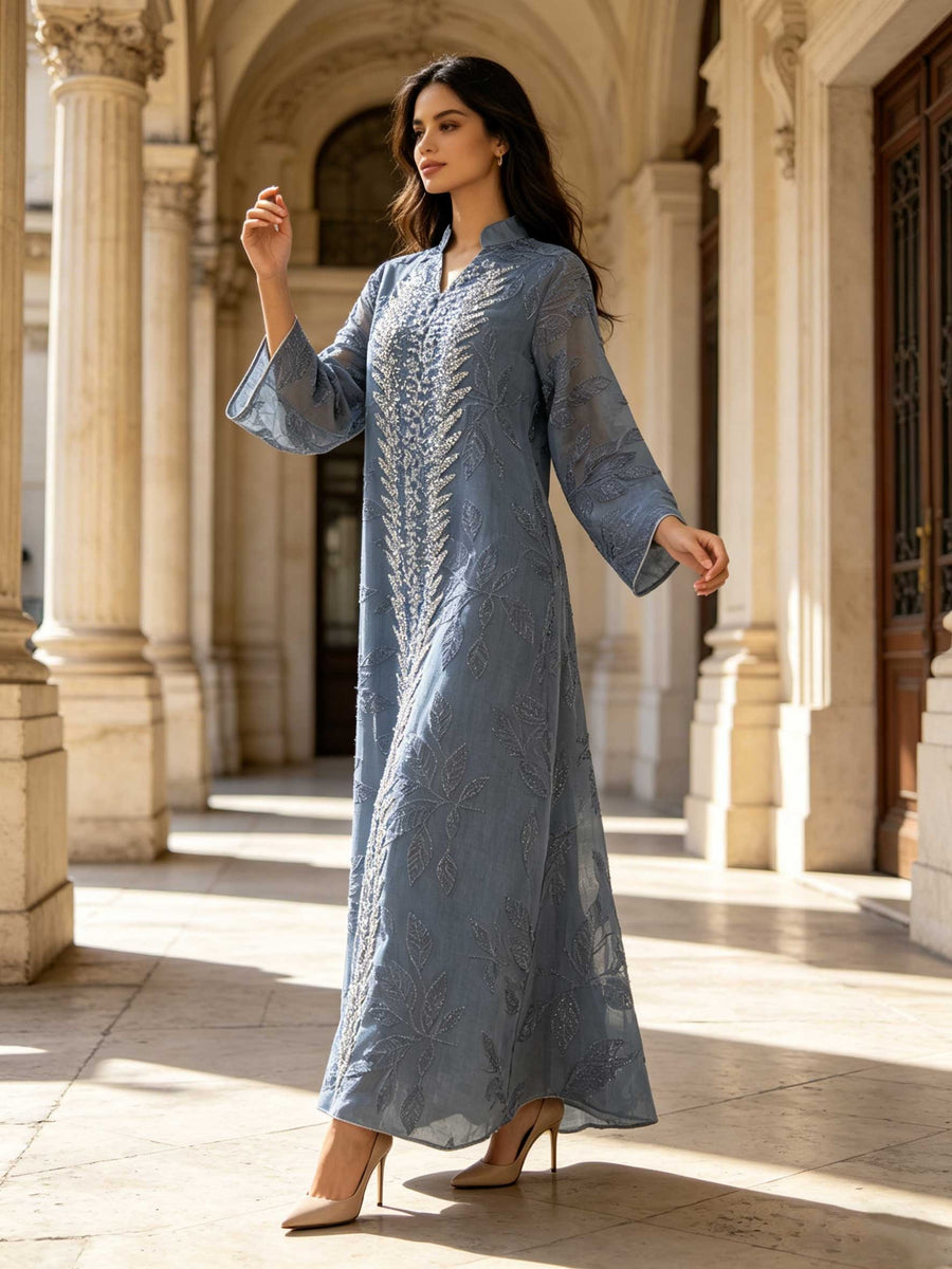 Elegant and Dignified Women's Abaya with Heavy Crystal Bead Leaf Embroidery, Luxurious Long Robe - Vibrant Blue