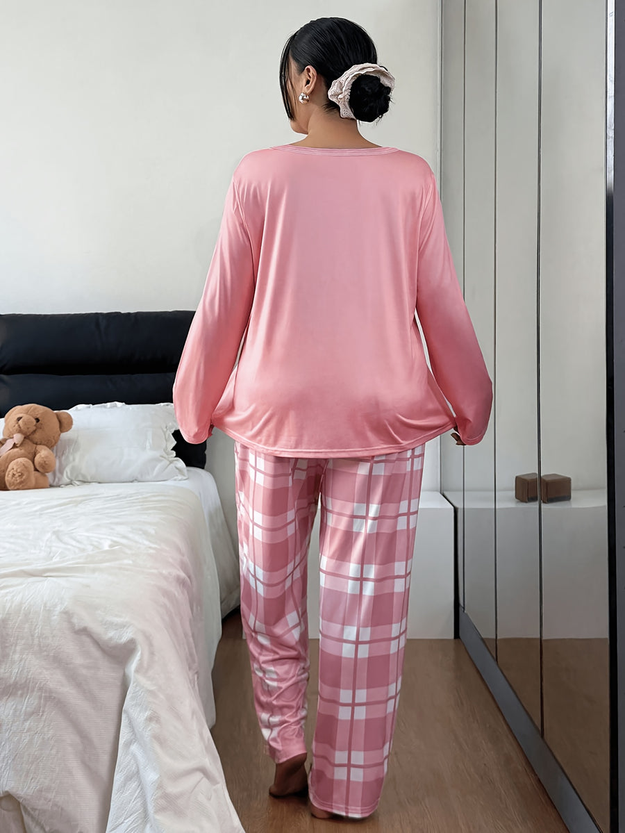 Women'S And Loungewear 2pcs Set, Spring Summer Autumn Casual Sleepwear, Comfortable Home Wear, Heart Checkered Theme Set, Loose Round Neck Long Sleeve Top And Elastic Waist Long Pants, Elegant Women'S Clothing for Holidays - Mixed colors