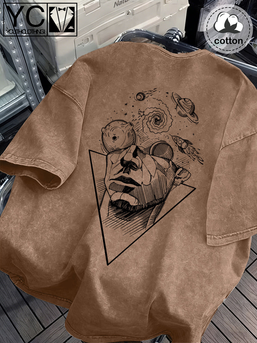 Men's Casual Cosmic Thinker Golden Starry Sky + Thinker Pattern Print T-Shirt, Distressed Washed Denim Vintage Style T-Shirt - Short Sleeve Washed Texture Style, Loose Fit Crew Neck Men's Top with Textured Effect (No Layering/Solid Color) - Coffee Color