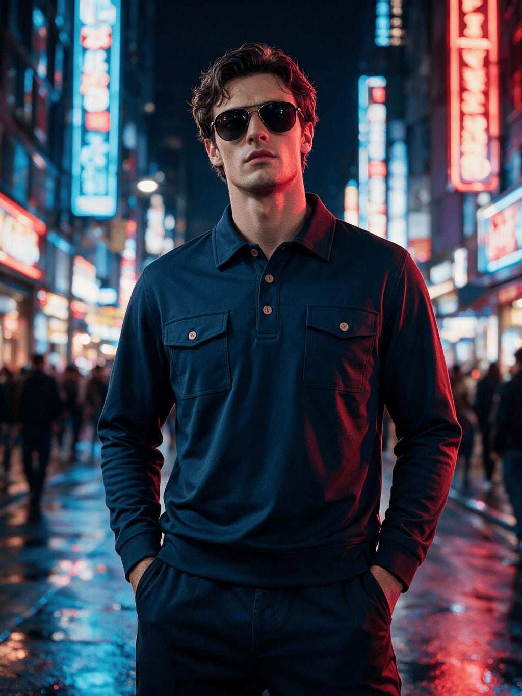 2026 New Men'S Long Sleeve Cargo Polo Sweatshirt, Double Pocket Lapel Design, Autumn Casual Commuter Pullover Top, Christmas Thanksgiving Gift for Boyfriend Husband - Dark Navy Blue