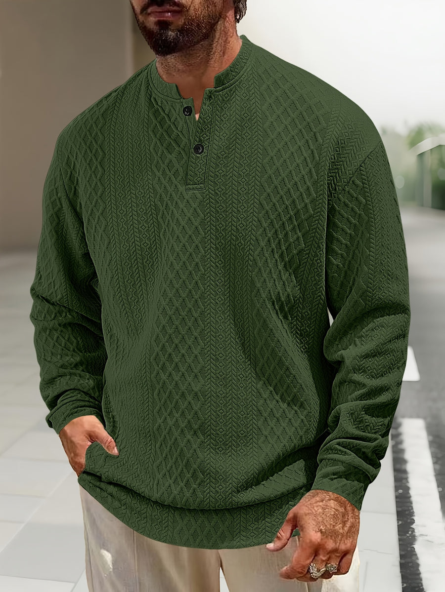 New 3D Jacquard Fabric Henley Shirt - Olive Green