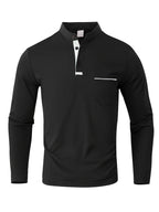 [Josh May OBM] 3pcs Men'S Long Sleeve Henley Shirts, Skin-Friendly Comfortable Fabric, Natural Elasticity Wearing Experience, Slim Casual Fit, Stand Collar Button-Up Design, Contrast Color Patchwork Detail, Chest Pocket Decoration - Black + Light Khaki + Navy Blue
