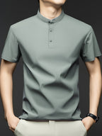Men's Summer Mid-Life Seamless Stand Collar Short Sleeve T-Shirt, Solid Color Polyamide-Spandex Breathable Half-Sleeve Tee - Bean Green
