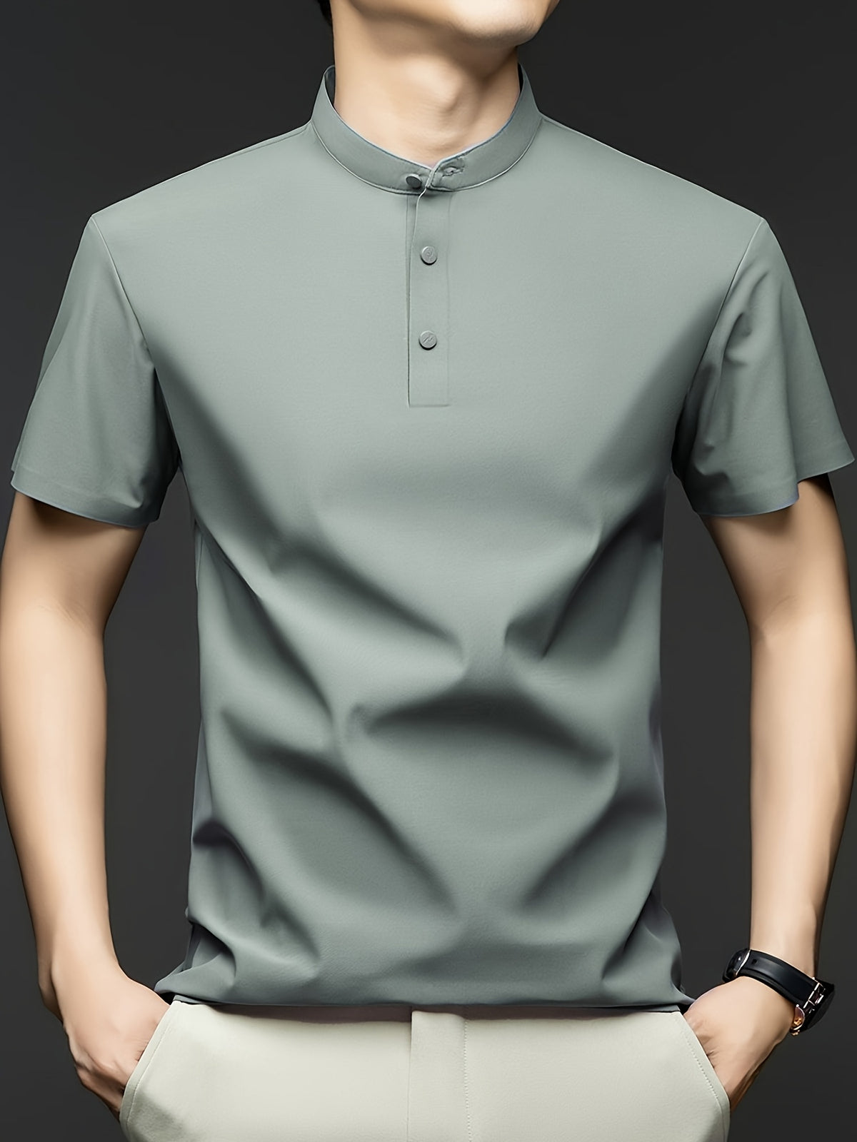 Men's Summer Mid-Life Seamless Stand Collar Short Sleeve T-Shirt, Solid Color Polyamide-Spandex Breathable Half-Sleeve Tee - Bean Green