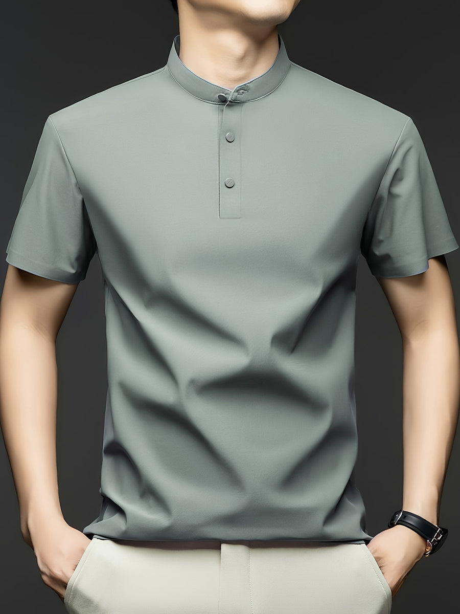 Men's Summer Mid-Life Seamless Stand Collar Short Sleeve T-Shirt, Solid Color Polyamide-Spandex Breathable Half-Sleeve Tee - Bean Green