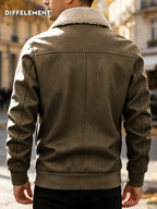 Men'S Plush Collar Distressed Flight Jacket, Thickened Warm Lining Vintage Texture Fabric Zipper Pockets Shield Badge Slim Short Style Fall Winter Riding Commute American Casual Windproof Durable Coat - Green