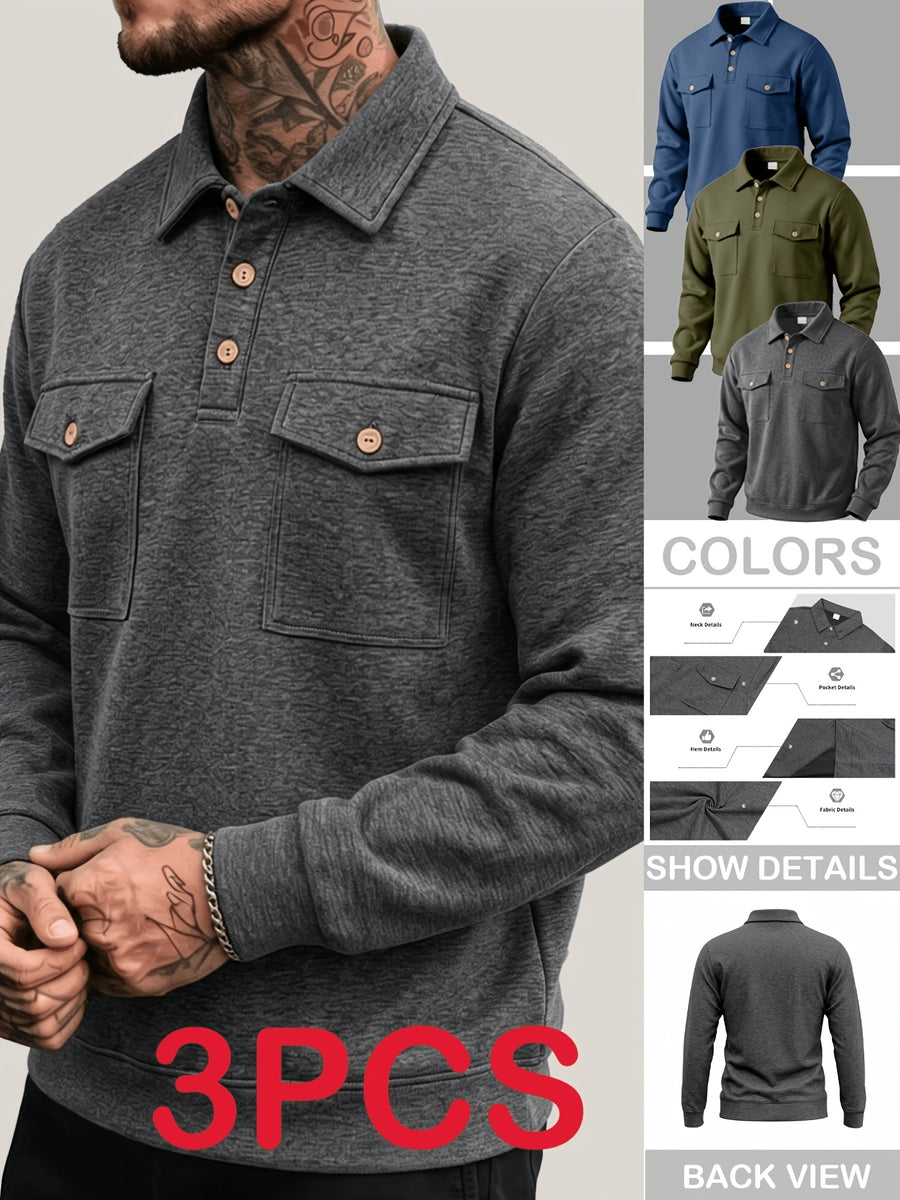 Autumn New Arrival 3pcs Set: Polo Collar Double Pocket Cargo Sweatshirt. Made of Thick Knitted Sweatshirt Fabric, Featuring a Half-zip Placket with Three Brown Vintage Buttons. Symmetrical Chest Cargo Pockets, Vintage Workwear Casual Style - Deep Military Blue