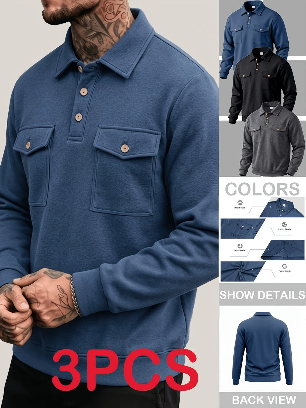 Autumn New Arrival 3pcs Set: Polo Collar Double Pocket Cargo Sweatshirt. Made of Thick Knitted Sweatshirt Fabric, Featuring a Half-zip Placket with Three Brown Vintage Buttons. Symmetrical Chest Cargo Pockets, Vintage Workwear Casual Style - Blue, Black, Dark