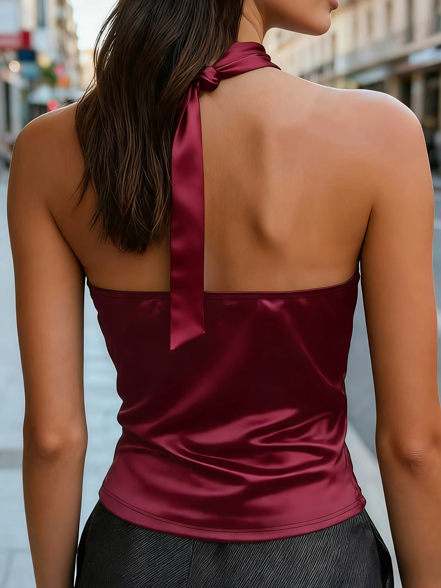 Spring Summer New Women'S Top, French Niche Design Halter Cami, Metal Buckle Decor, Satin Smooth Comfortable Luxurious Texture Top - Burgundy