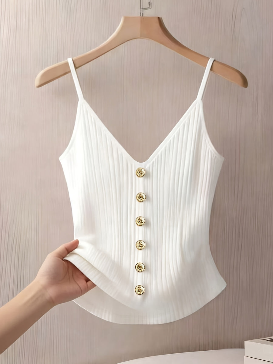 Elegant and Stylish New Summer Adult Solid Color Thin Strap V-Neck Button Decoration Waist-Cinching Slim-Fit Versatile Casual Women's Camisole ZLLZ - White