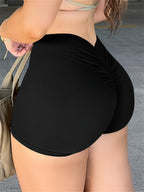 Solid Color Ruched Slim Fit Shorts - Black