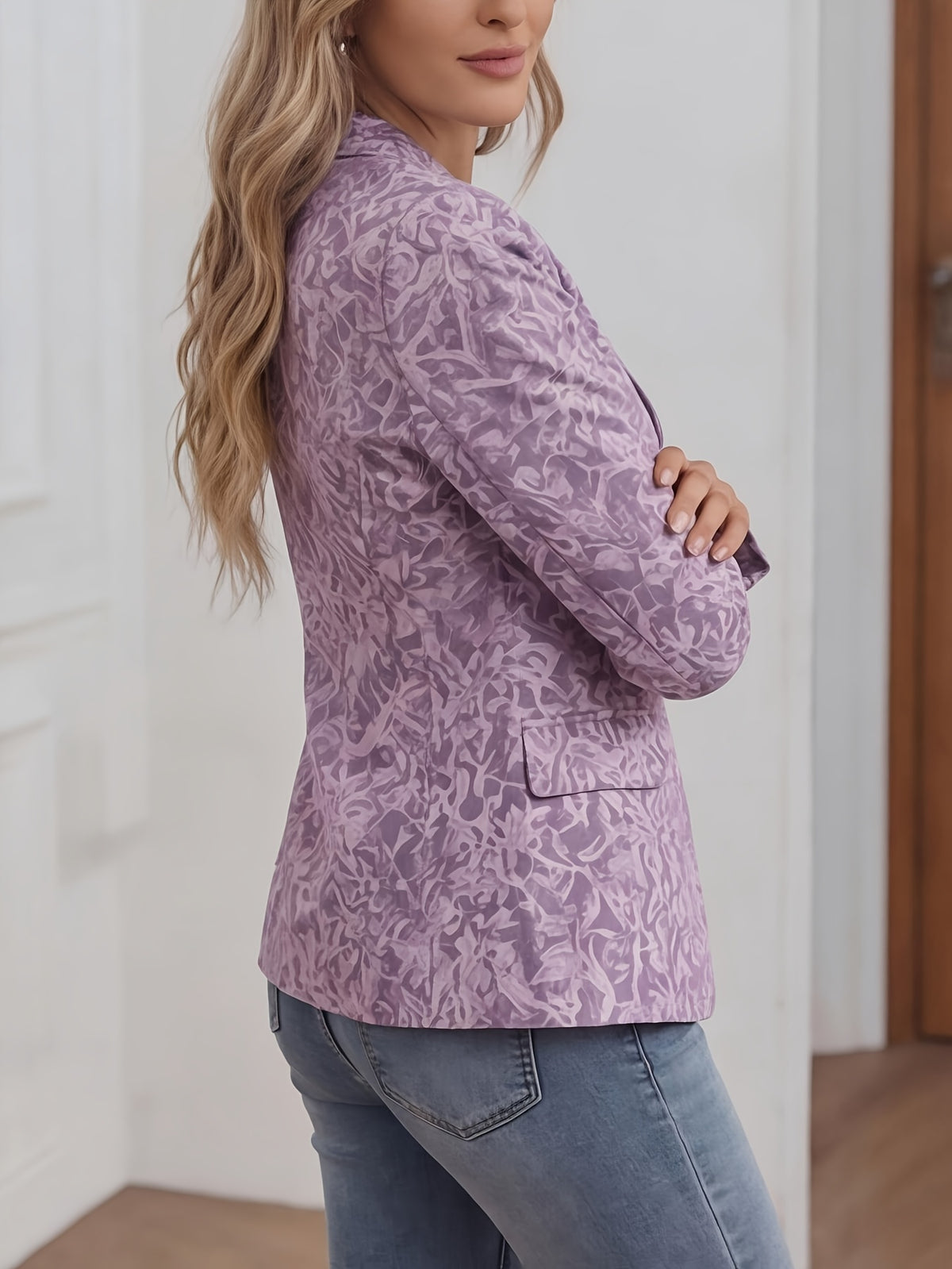 Fashion Women'S Printed Suit Jacket, Slim Fit, Professional Temperament Suit Top for Women - Lavender