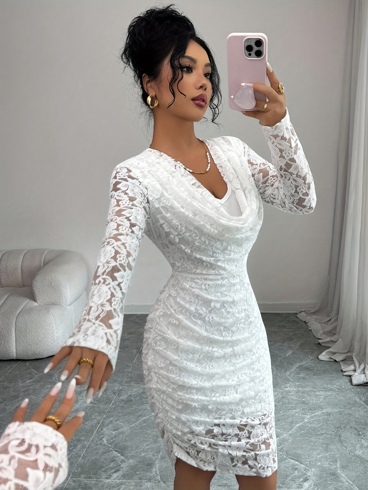 Women's Elegant Slim-Fit Mini Dress with Ruffled Collar, Ruffle Hem, and Corded Lace, Evening Gown, Bridesmaid Dress - Ivory White
