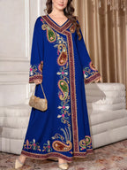 2026 Middle Eastern Elegant Robe Western Spring Autumn Fashion V-Neck Women'S Ethnic Print Temperament Commute Loose Comfortable Vacation Style Long Sleeve Dress Daily Date Festival Party Wear - Blue