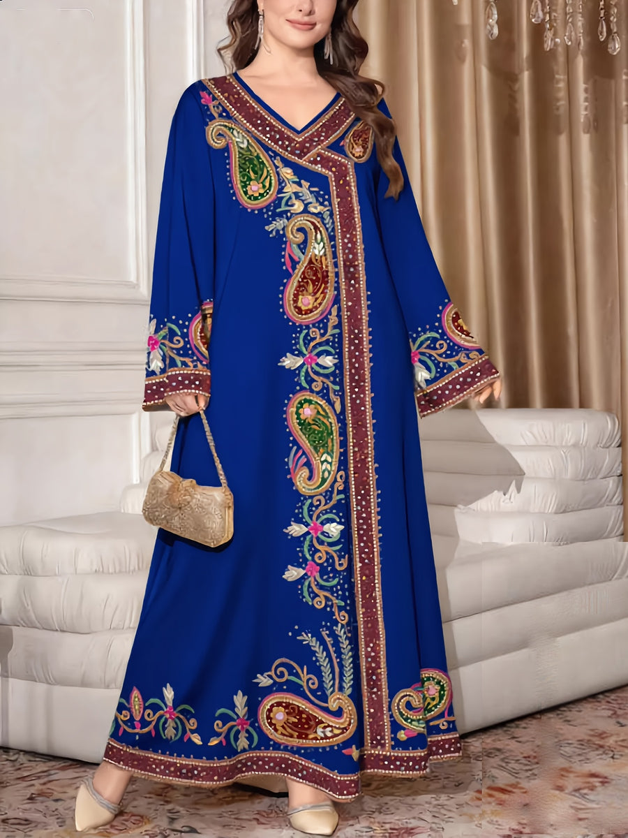 2026 Middle Eastern Elegant Robe Western Spring Autumn Fashion V-Neck Women'S Ethnic Print Temperament Commute Loose Comfortable Vacation Style Long Sleeve Dress Daily Date Festival Party Wear - Blue