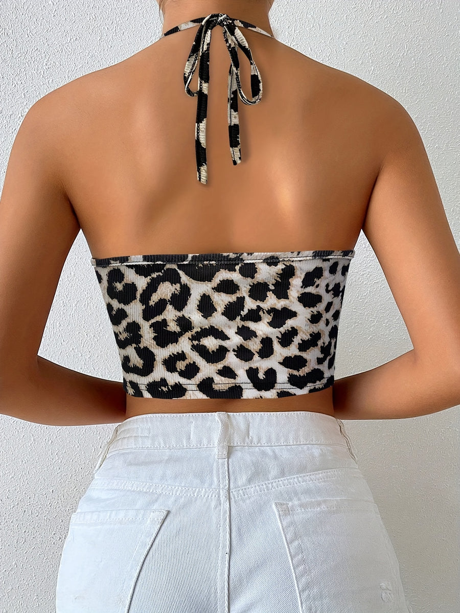 Women'S Leopard Print Hollow-Out Link Design Short Sleeve Top for Summer - Mixed colors