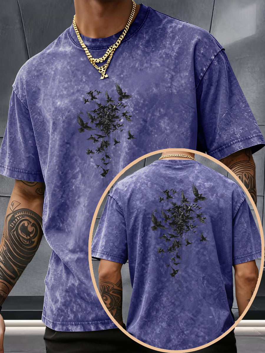 Short Sleeve Top, Pure Washed Distressed Loose Short Sleeve, Raven Flying Bird Front And Back Trendy Print Casual Match, American Street High Street Hip-Hop Couple Style, Daily Outing Commute Sports Fitness Street Style Y2K National Trend T-Shirt - Royal Blue