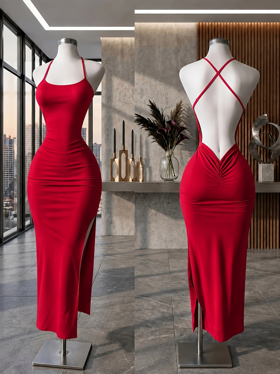 Y2K Women'S Elegant Versatile Solid Color Cami Backless Long Dress, Back Ruched Fitted Bodycon Dress, Suitable for Socialite Temperament Evening Parties - Red