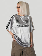 Coolane Women's Summer Loose-Fit Printed Sports Jersey T-Shirt, Metallic Silvery, Suitable for Music Festivals and Sports Occasions - Silvery Grey