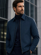 Men'S Lightweight Casual Lapel Full-Zip Jacket, Striped Checkered Soft Comfortable, Suitable for Daily, Outdoor, Travel And Business Casual Occasions - Navy Color