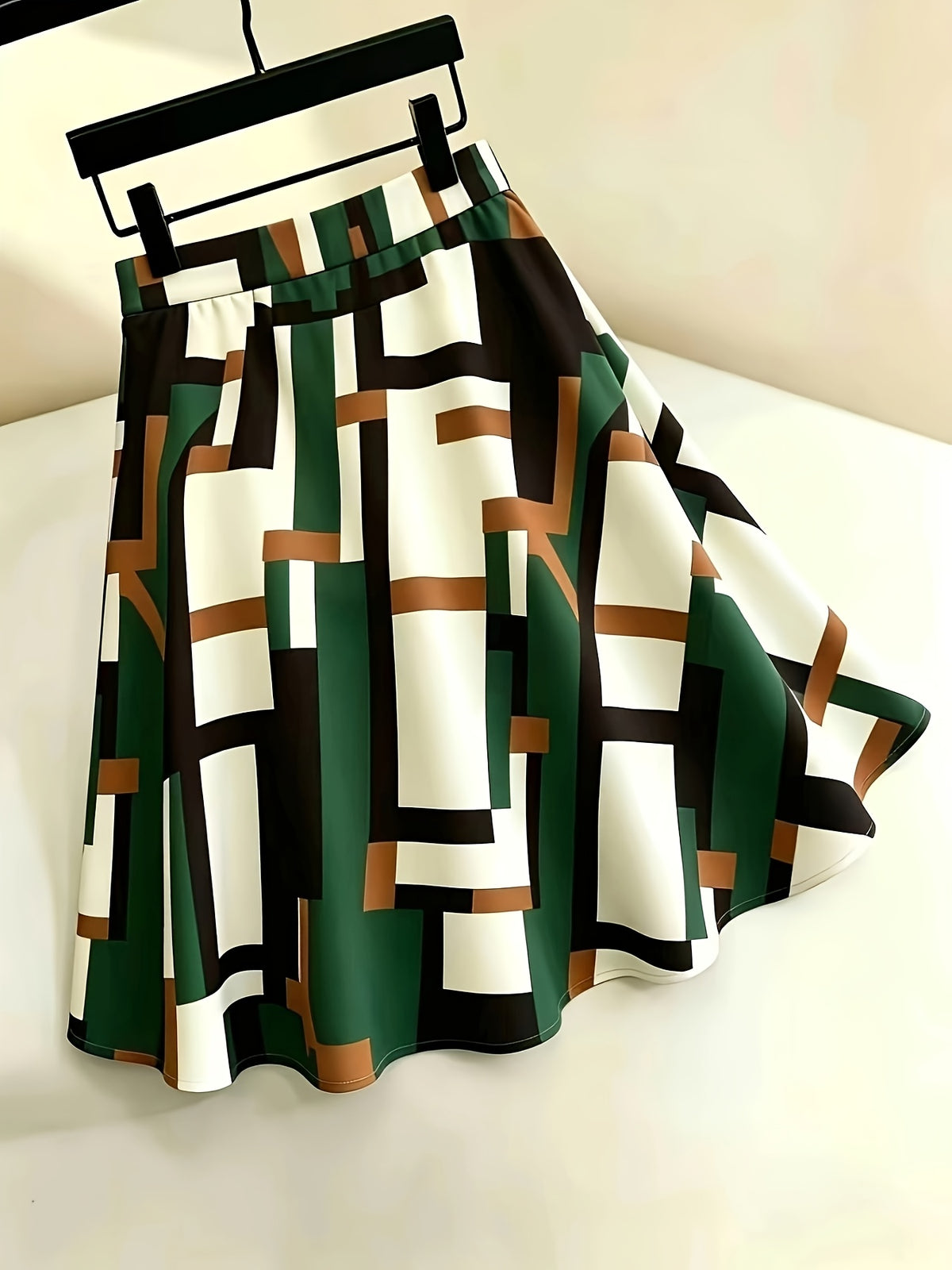 Women'S High-Waist Daily Casual Versatile Elegant Geometric Pattern Spring And Summer Knee-Length Skirt - Khaki