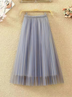 Petite Women'S Mesh Half Skirt High-Waist Pleated Flared Skirt - Light Grey
