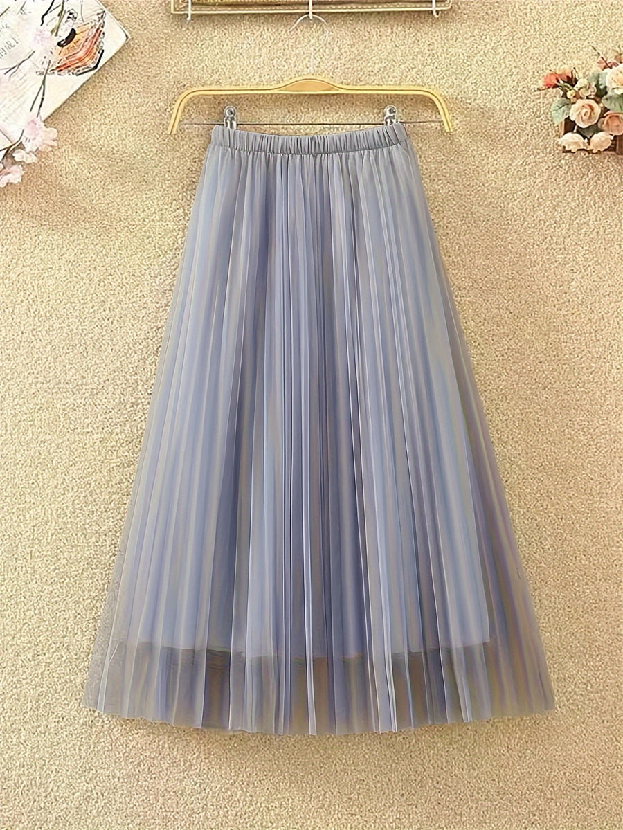 Petite Women'S Mesh Half Skirt High-Waist Pleated Flared Skirt - Light Grey