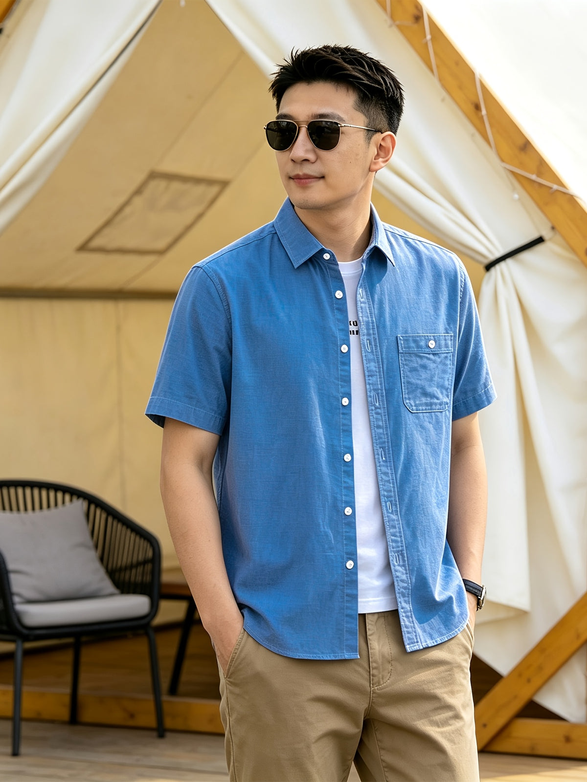 Men'S Casual Short Sleeve Shirt, Loose Easy Fit, Lightweight Breathable, Daily Summer Versatile Top - Dark Blue 1