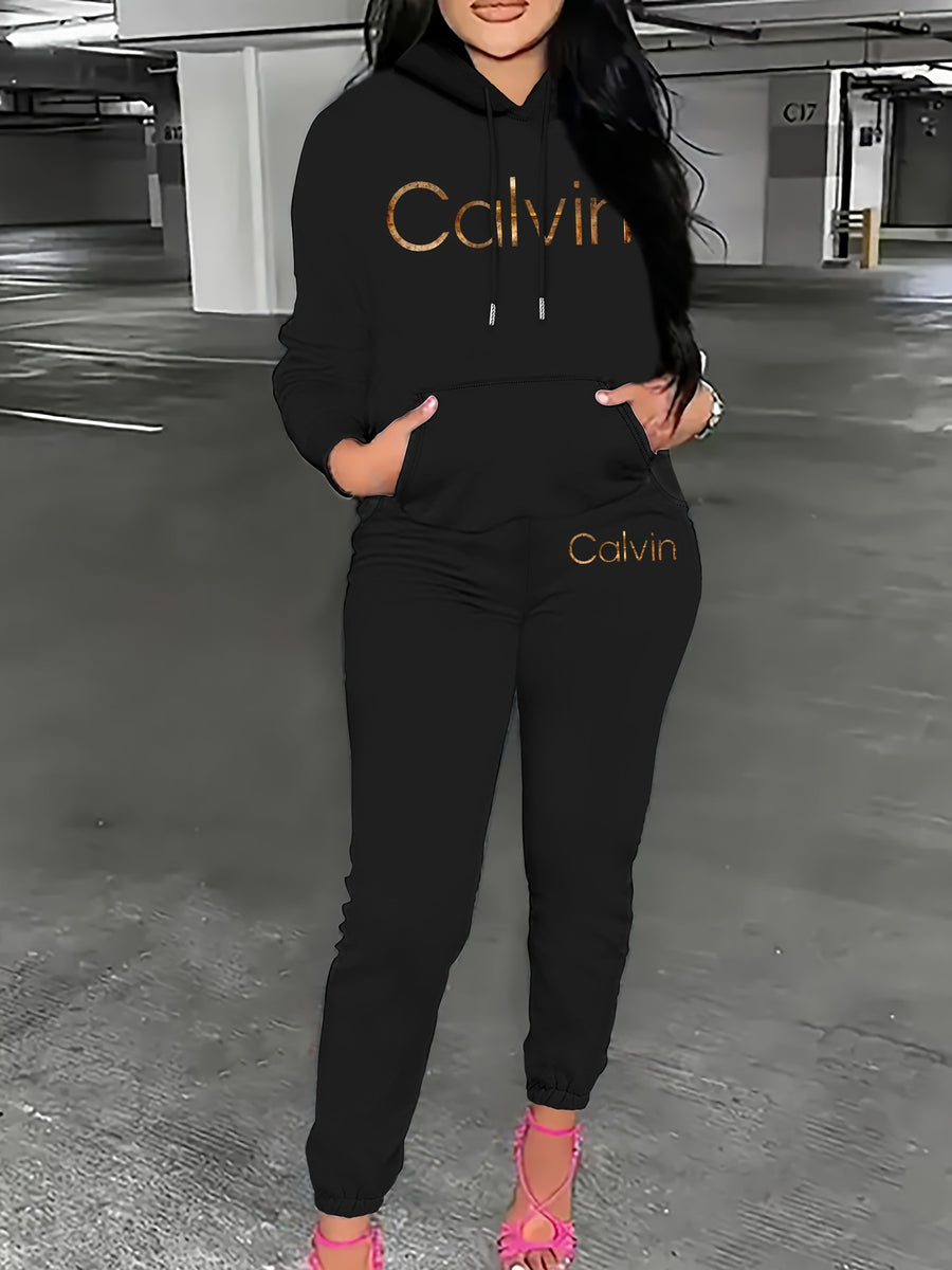 Graphic Print Two-Piece Set, Crew Neck Sweatshirt And Pants, Women'S Clothing - Black 1