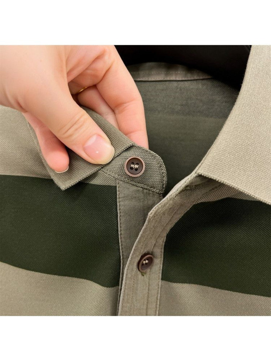 Men's Summer Striped Polo Shirt, Washed with Enzyme Process, Pearl Cotton Short Sleeve T-Shirt, Middle-Aged Business Casual Dad Style - Military green