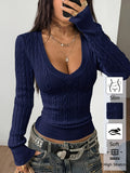 Women'S Spring/Summer Elegant Casual Ribbed V-Neck Long-Sleeved Slim Top - Sea Blue
