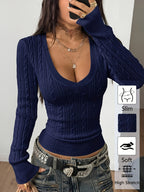 Women'S Spring/Summer Elegant Casual Ribbed V-Neck Long-Sleeved Slim Top - Sea Blue