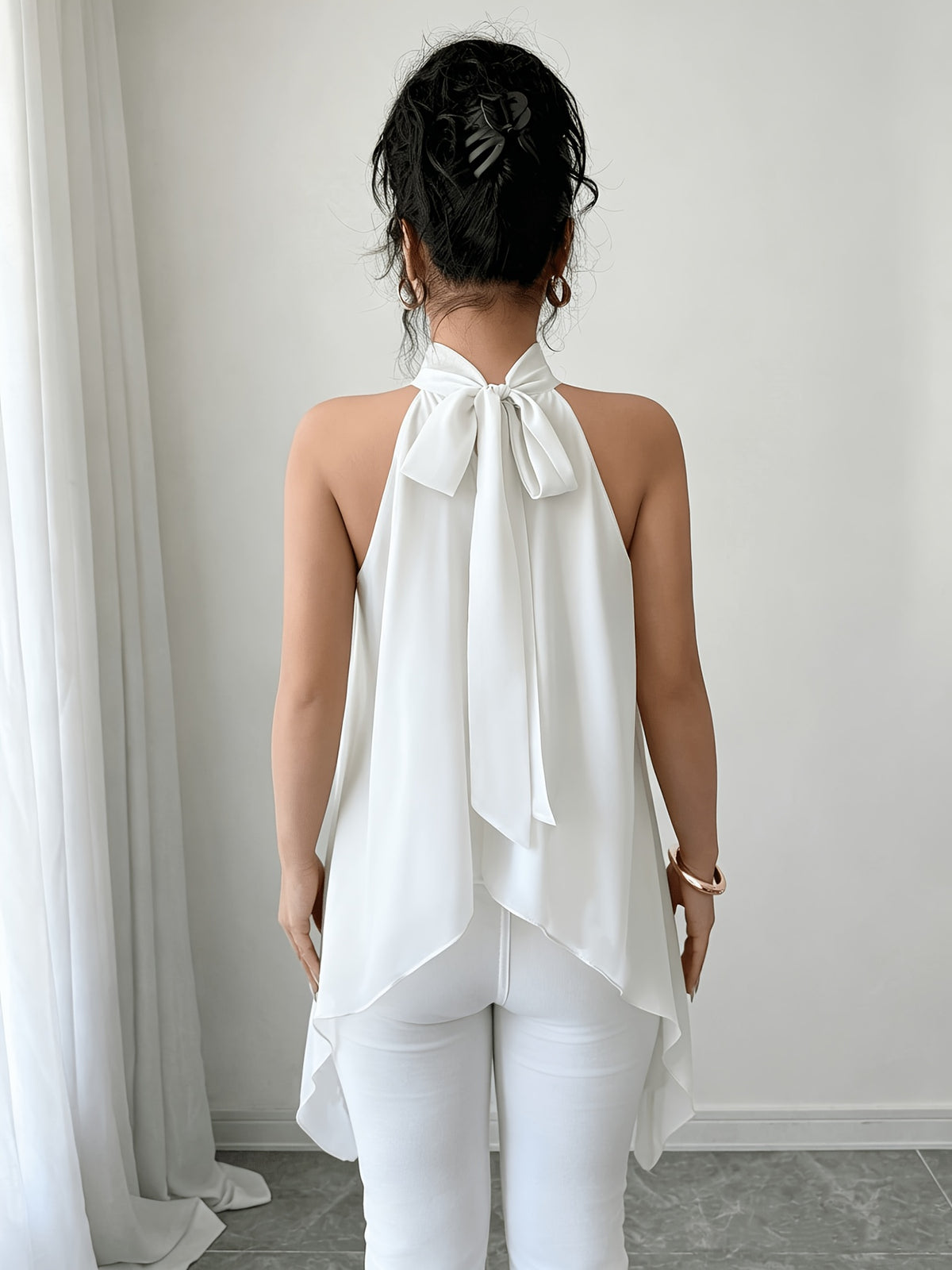 Spring Summer Elegant Fashion Design Halter Tie-Back Blouse - White