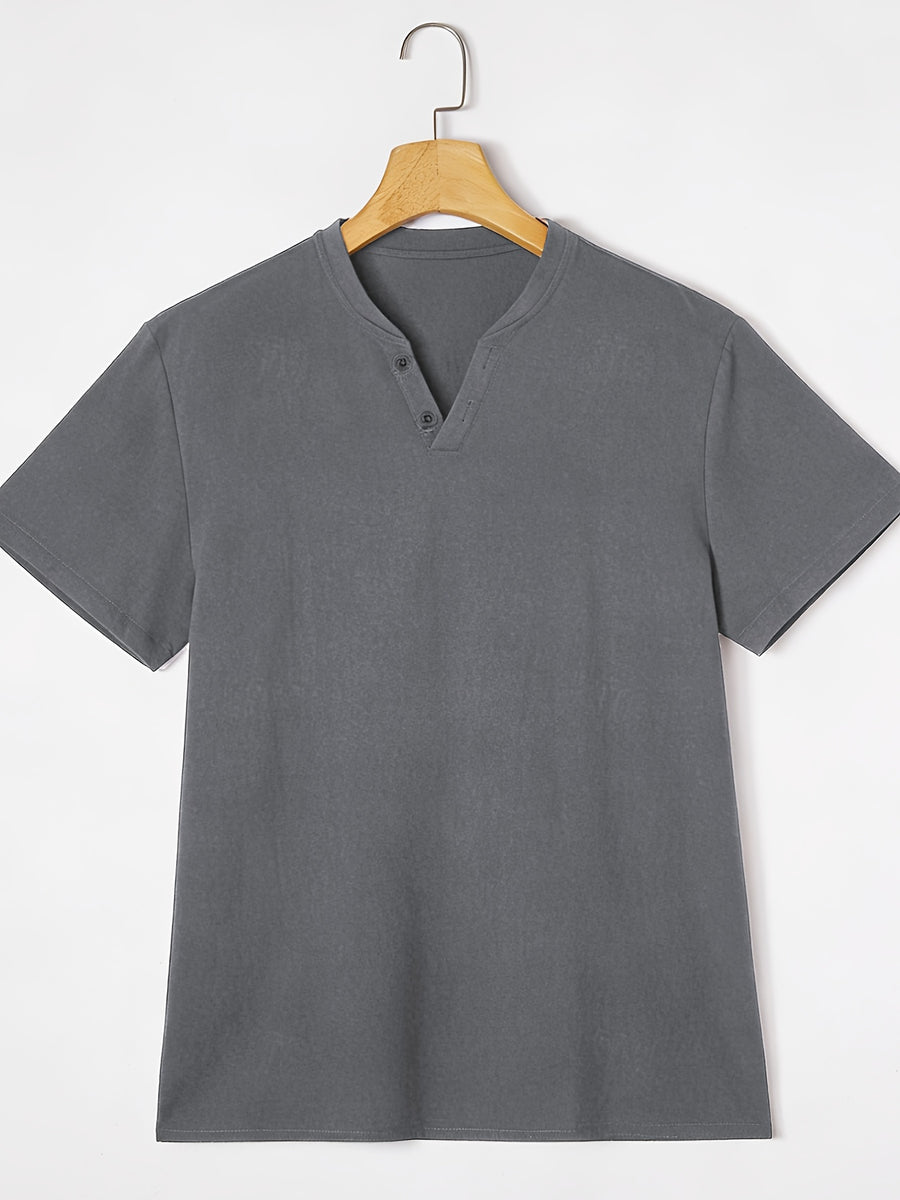 Men'S Summer Solid Short Sleeve T-Shirt, Button-Up V-Neck Casual Top, Soft And Comfortable Linen Fabric, Suitable for Daily Home And Outdoor Wear - Dark Gray