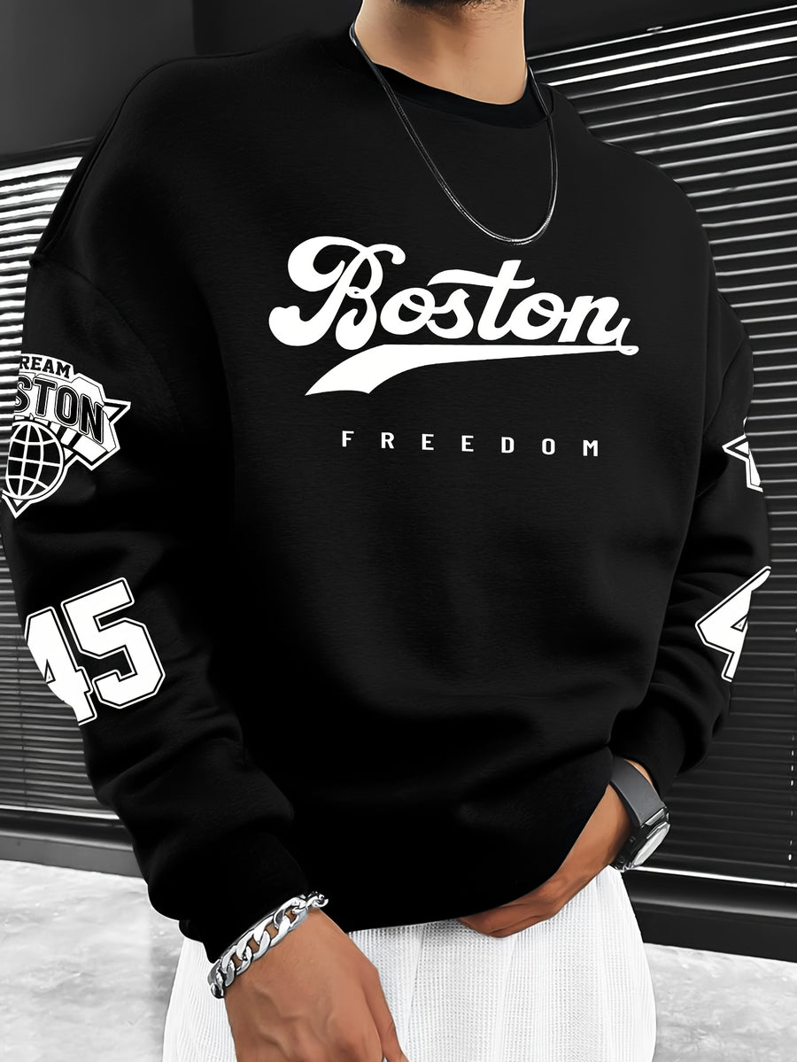 Men'S Fashion Casual "Brooklyn Victory" Letter Print Sweatshirt, Polyester Fabric, Loose Fit, Versatile Men'S Sweatshirt - Space Black