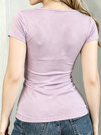 Artistic Smiling Face Pattern, Women'S Hot Outfit with Sexy Design And Buttons, Non-V-Neck Women'S T-Shirt, Suitable for All Four Seasons, Revealing Y20K/Casual/Sports/Commuting/Fashionable/Elegant, Comfortable And Breathable Gift - Light Purple