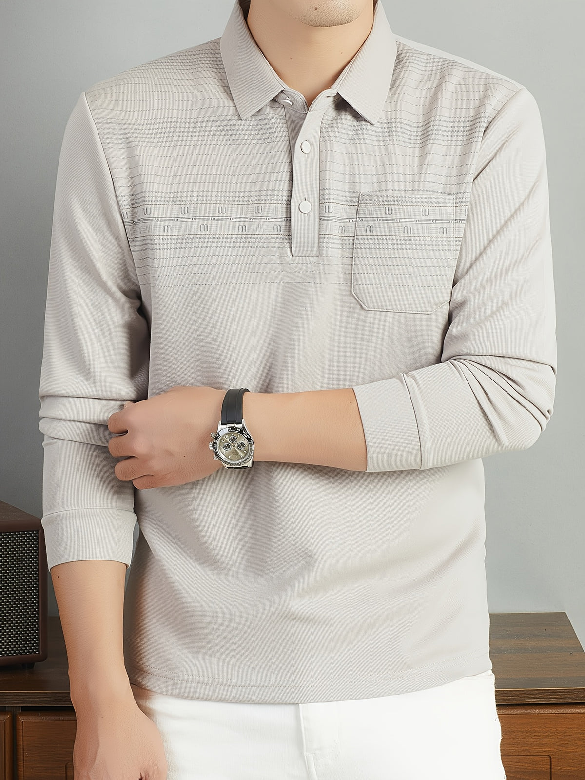 Middle-Aged Men'S Long Sleeve Polo Shirt Spring Autumn Business Casual Lapel Striped with Pocket Top - Beige gray