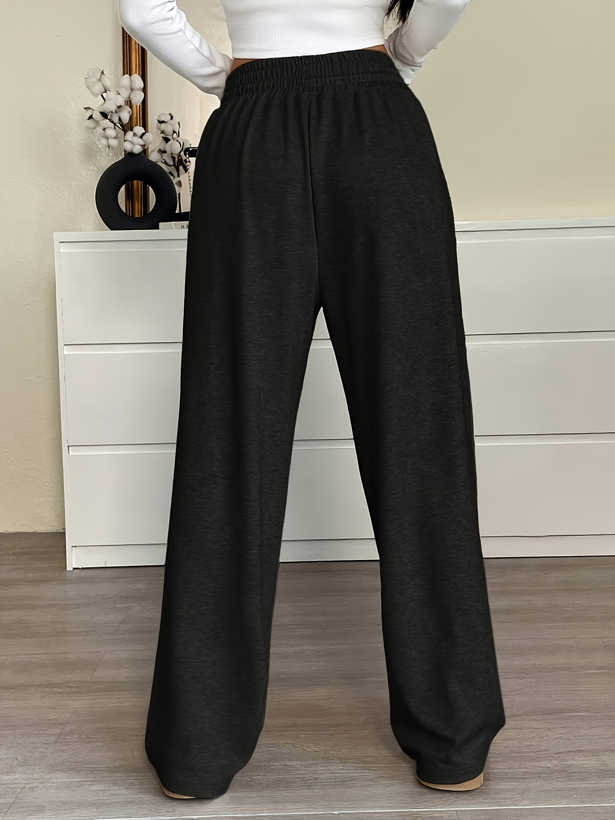 Women's Athletic Drawstring Waist Loose-Fit Sweatpants - Elastic Wide- Gym Pants Suitable for Sports, Business Casual, Teacher Outfits, Graduation & Back-to- Wear, Spring/Summer Solid Color Trousers (Machine Washable) - Black