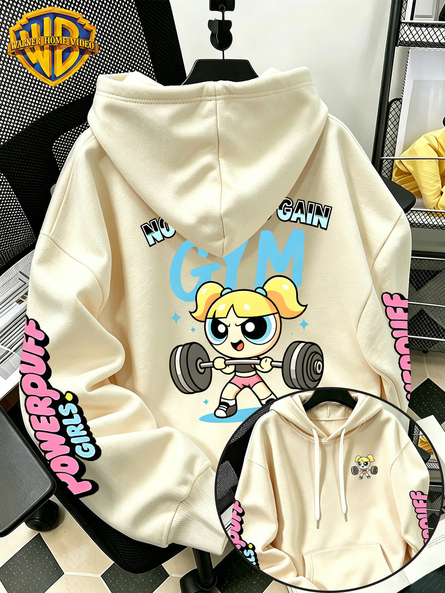 Warner Bros Official Dumbbell Bubble Cartoon Print Hoodie - Men's Fashion Hoodie with Adjustable Drawstring, Loose and Comfortable Sweatshirt, Suitable for Daily and Outdoor Sports Wear, the Perfect Choice for Warmth in Autumn and Winter! Sizes - Apricot