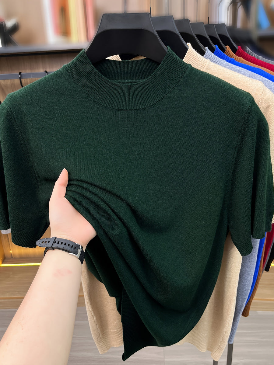 [Wading Whale OBM] 1pc Spring Summer New Men'S Knit Pullover Sweater, Old Money Style Textured Solid Color Short Sleeve T-Shirt, Casual Fashion Thin Breathable Ribbed Pullover Sweater Base Layer Top, Suitable for Spring And Summer Wear - Dark Green
